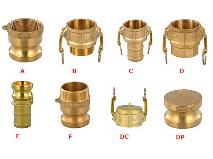 Eight different types of brass camlock couplings on the white background.